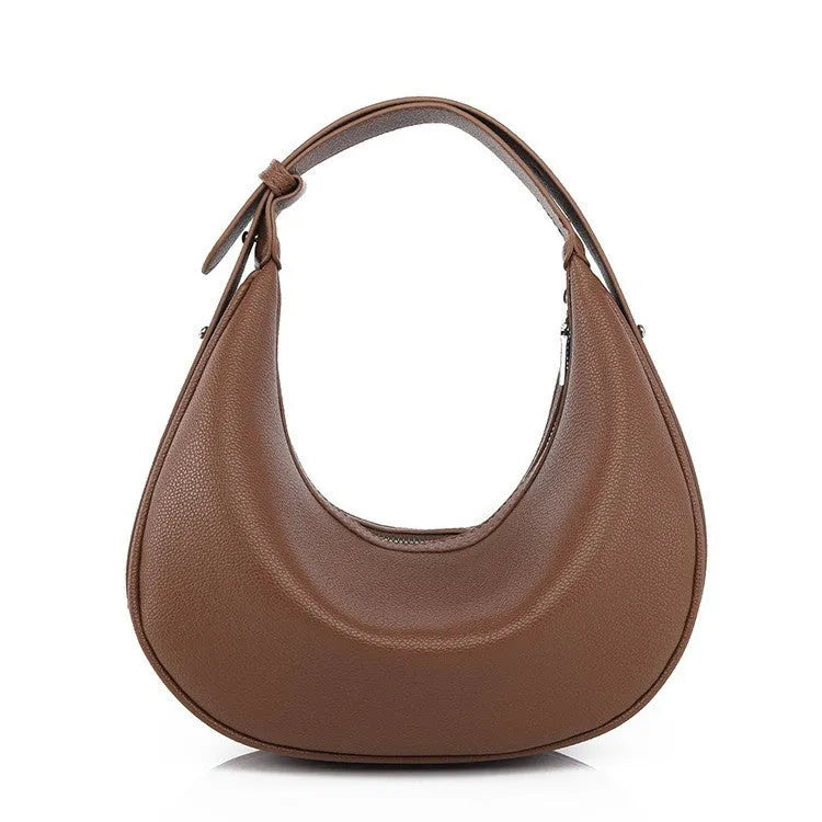 Crescent-shaped PU hobos handbag with sewing line detailing and internal zipper changing bag and mobile phone pocket