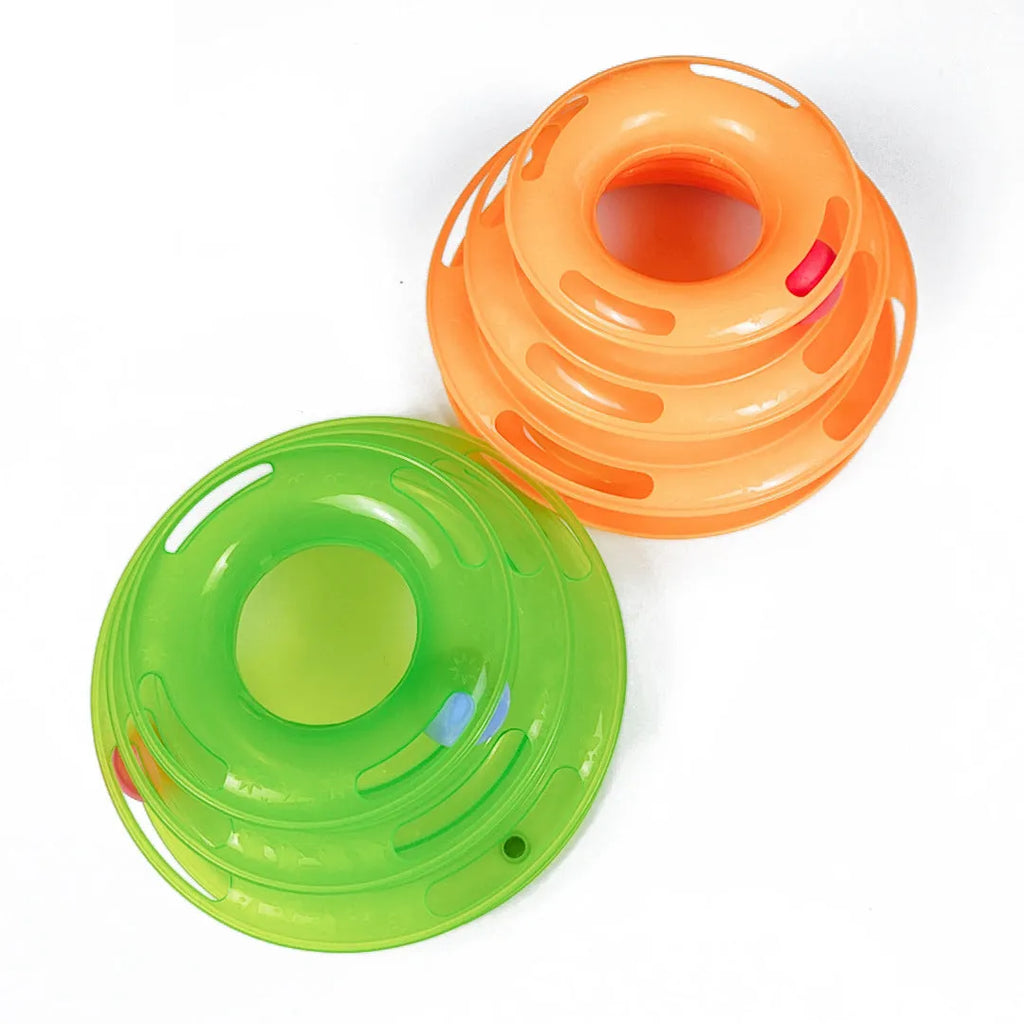 Interactive four-layer cat turntable toy with ball tower tracks, plastic, 16x29cm, in pink, blue, or orange