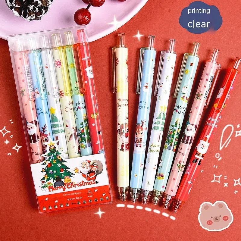 Christmas reward gift press gel ballpoint pen set with six black ink refills in plastic shells