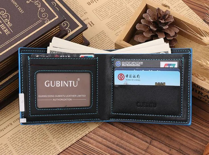 PU leather man wallet in black with blue edge, showing card slots and bill compartments