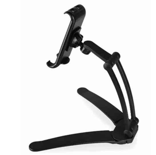 Silver aluminium alloy tablet stand holding a tablet, showing the adjustable clamps and 360-degree rotating hinge.