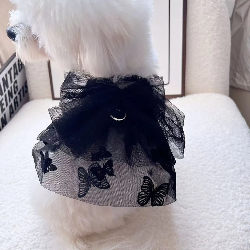 Black gauze princess tulle skirt for a small dog, showing lightweight sheer fabric and formal style.