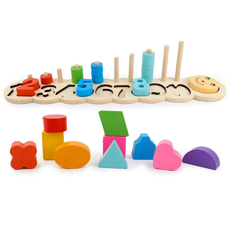 Wooden logarithmic board with colourful numbers geometric figures and beads for early childhood education