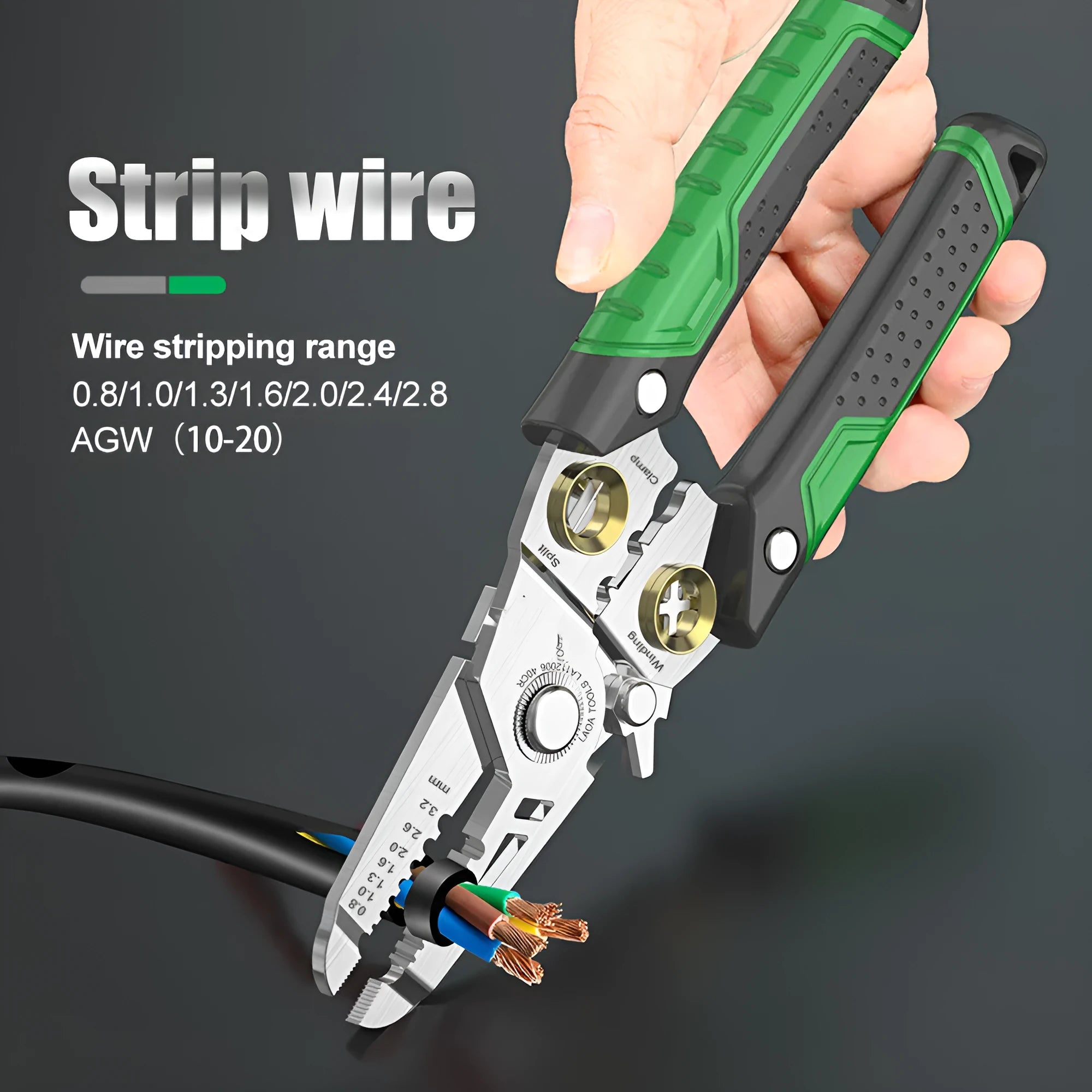 Stainless steel multifunctional wire stripper with seven stripping ports and a two-colour ABS handle.