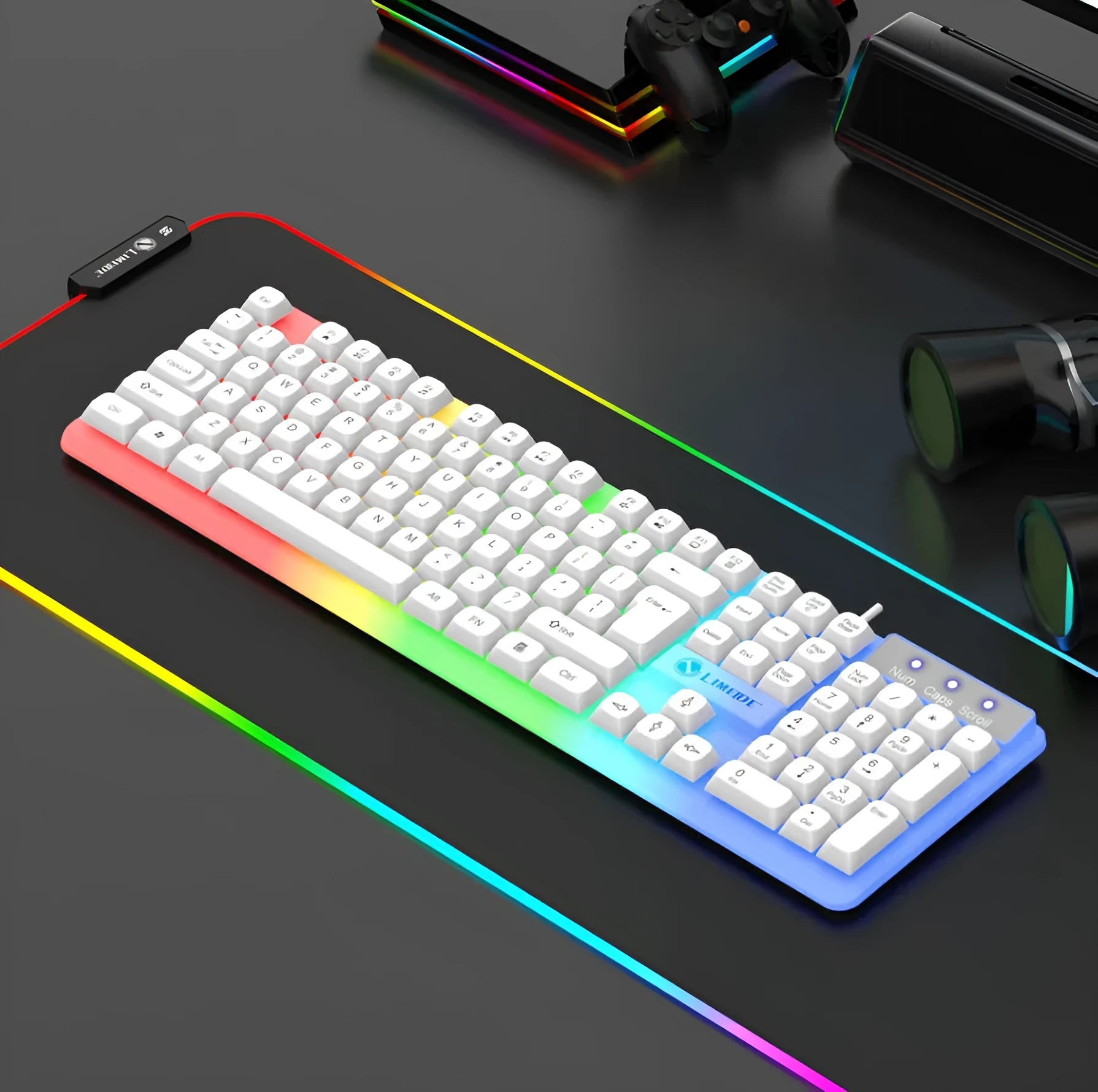 Mechanical feeling computer keyboard with colour options including white, rainbow and luminous character variants
