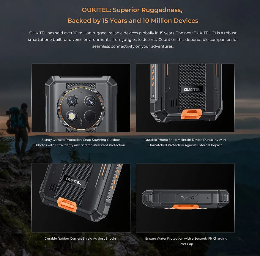 OUKITEL G1 mobile phone in grey, green and orange colours with included charger