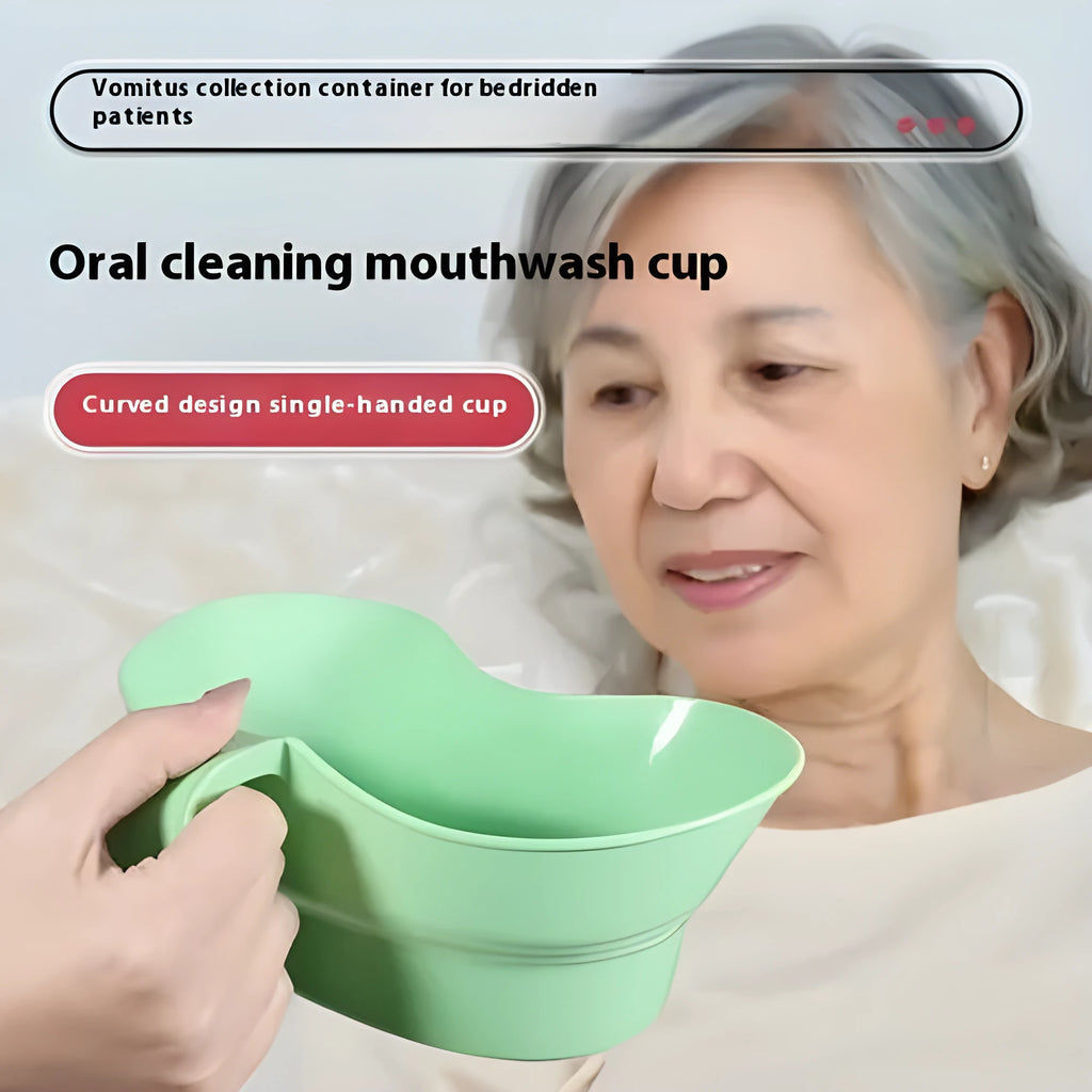 Green plastic gargle cup for bedridden elderly oral care.