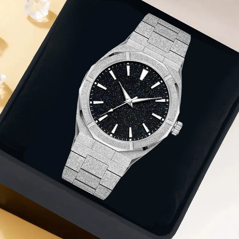 Men's stainless steel business watch with frosted case and luminous markers in silver, gold, or black