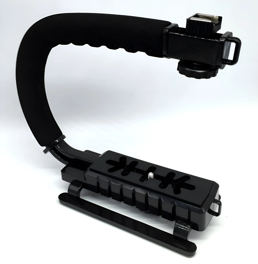 Handheld camera stabiliser bracket with plastic handle and sponge grip for SLR cameras