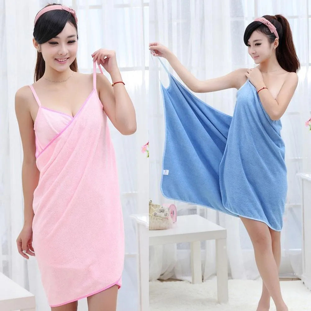 Beach dress towel shown as a wrap cover-up, available in solid pink, blue, purple, red, rose red, and white.