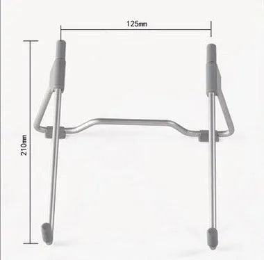 Grey aluminium alloy and plastic adjustable stand holding a mobile phone and a tablet on a desk.