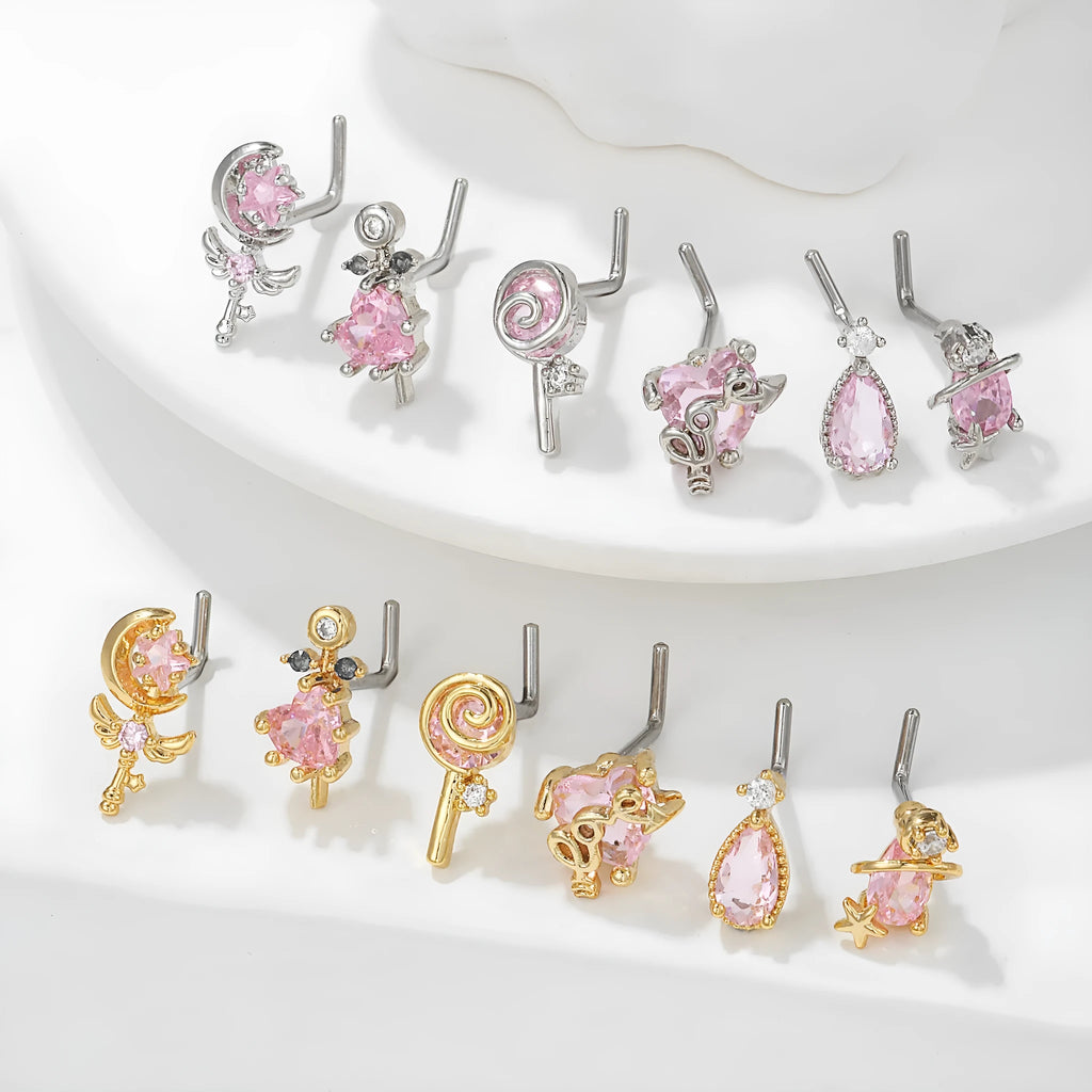 Geometric zircon nose stud with 18K gold plating on brass base, multiple colour options available