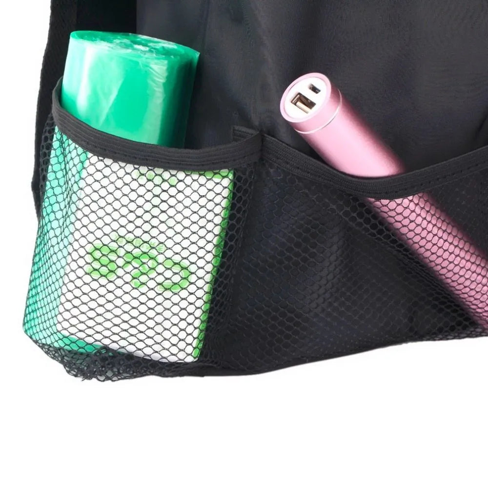 Universal car seat back multi-pocket storage organiser in black nylon with adjustable straps