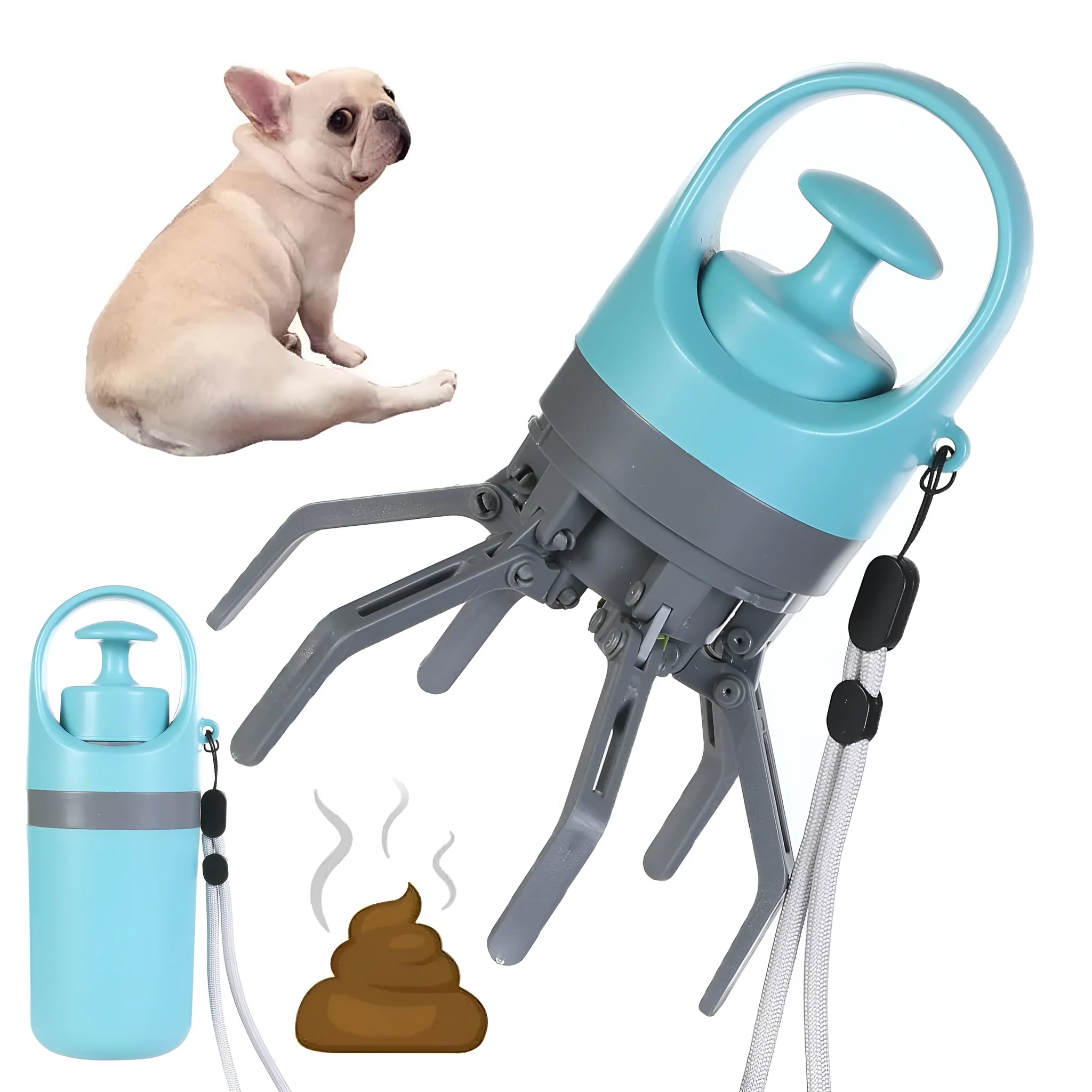 Blue plastic portable dog pooper scooper with built-in bag dispenser and carrying lanyard.