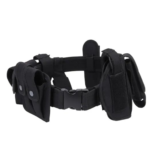 Black 600D nylon tactical duty belt with quick-release plastic buckle on plain background