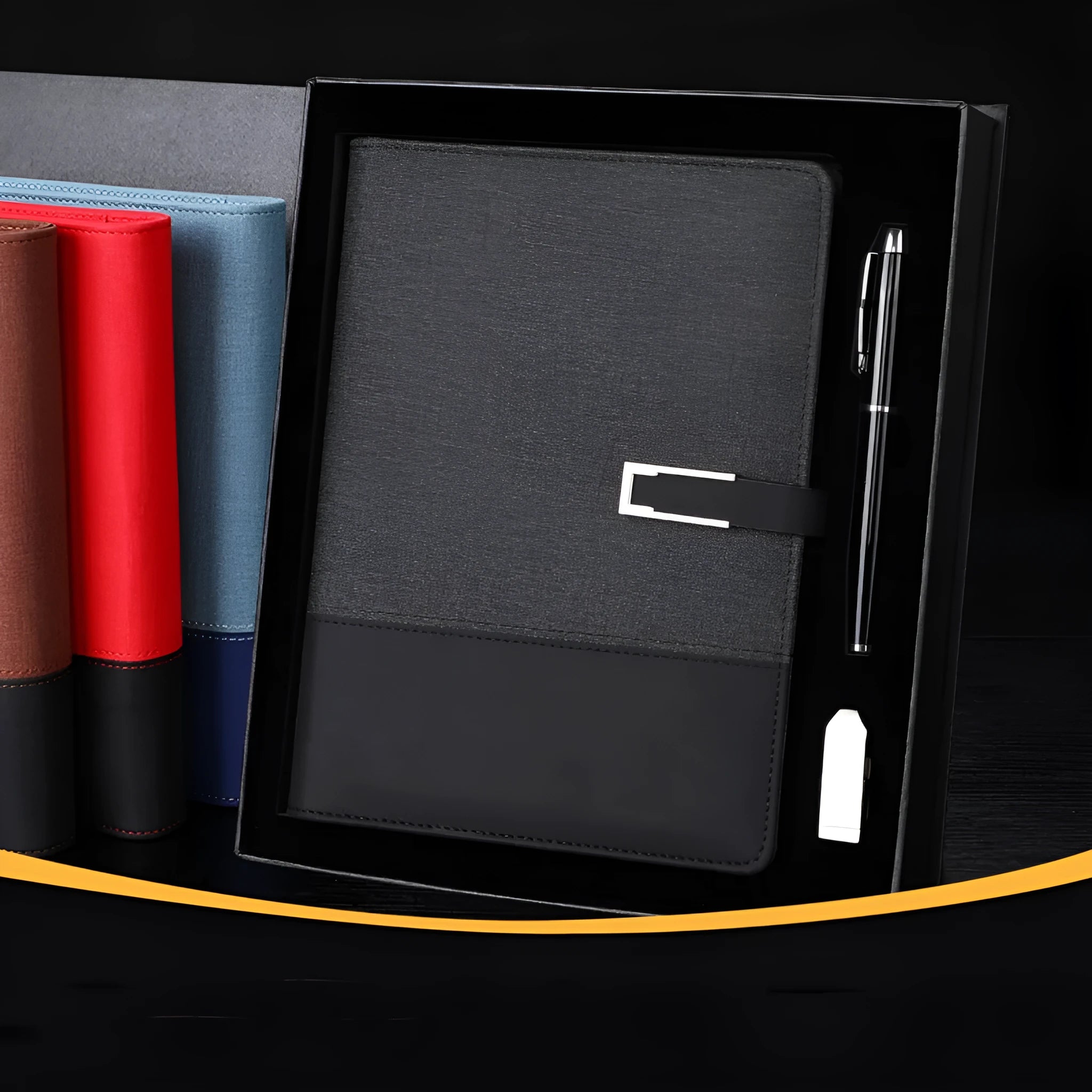 A5 soft leather notebook in business brown with wood-free paper pages and optional gift box packaging