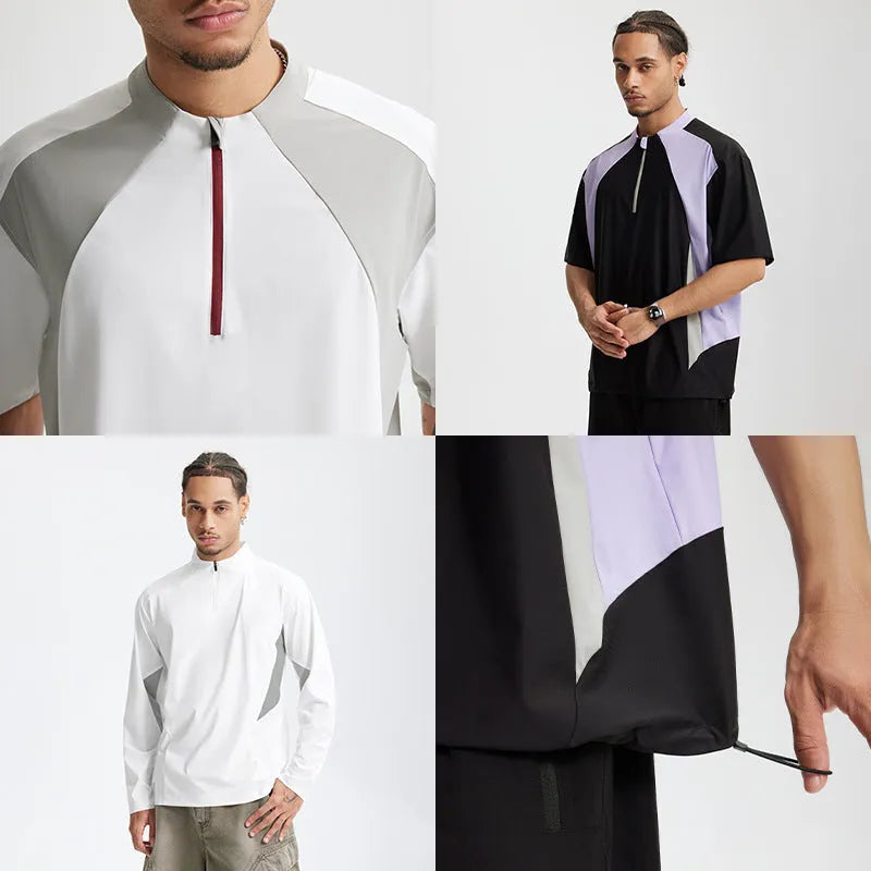 Men's lightweight polyester casual shirt in black and beige colours with stitching detail