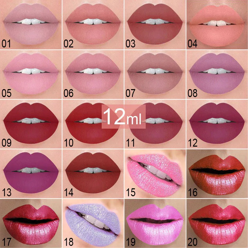 Matte lip gloss tube 12ML with metallic pearl finish, non-stick cup, 20 colours available