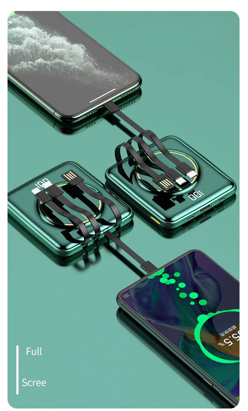 20000mAh PD20W mini power bank in black, green, or red, showing LCD display and compact 84mm size