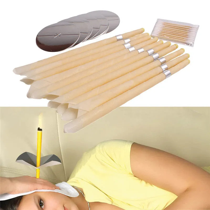 Natural beeswax ear candle for ear wax removal, conical shape, 23.5cm length, on a white background