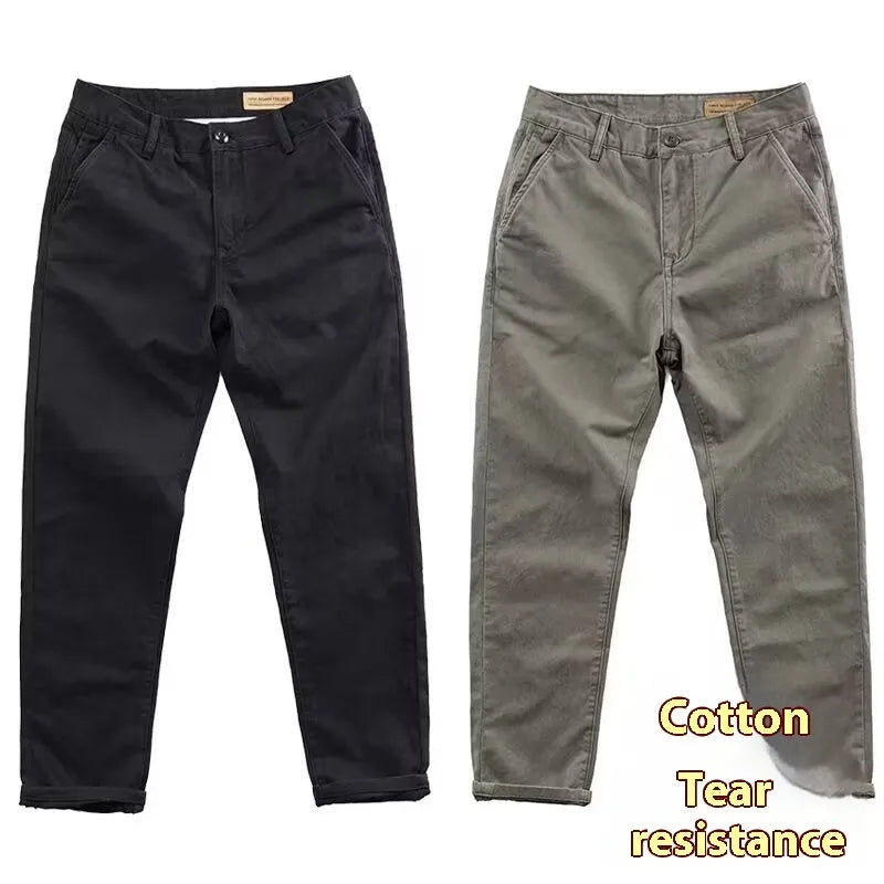 Men's slim fit straight leg trousers in navy blue cotton-polyester blend fabric