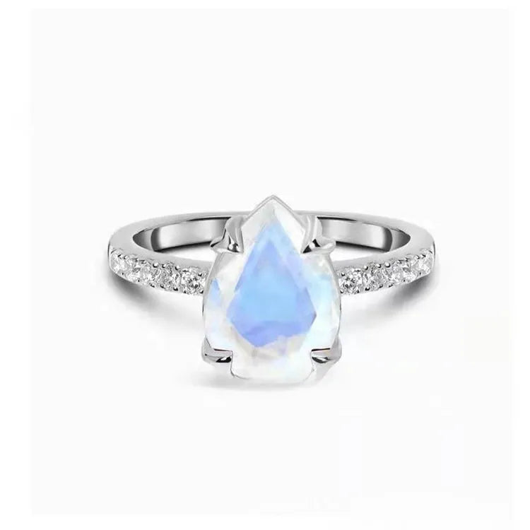 Silver drop ring with natural gemstone, water droplet design, women's chic style, sizes 5 to 11