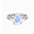 Silver drop ring with natural gemstone, water droplet design, women's chic style, sizes 5 to 11