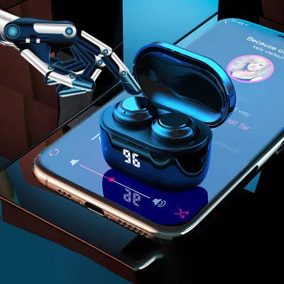 Black wireless stereo Bluetooth in-ear headphones with earplug design for hands-free calls and music.