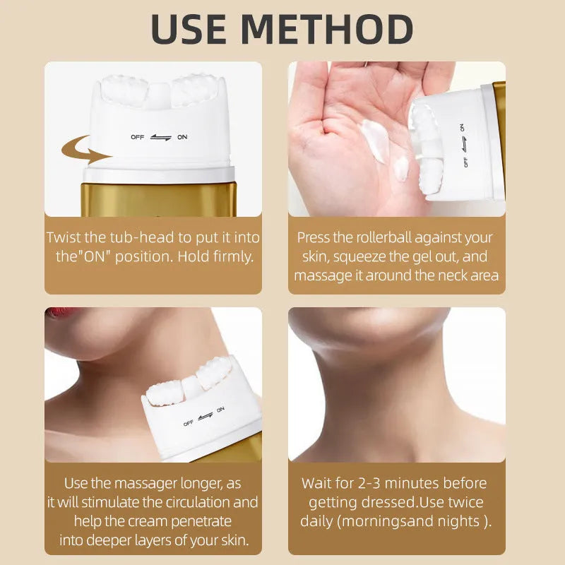 Neck cream with roller applicator for dry skin treatment in medium sample size packaging