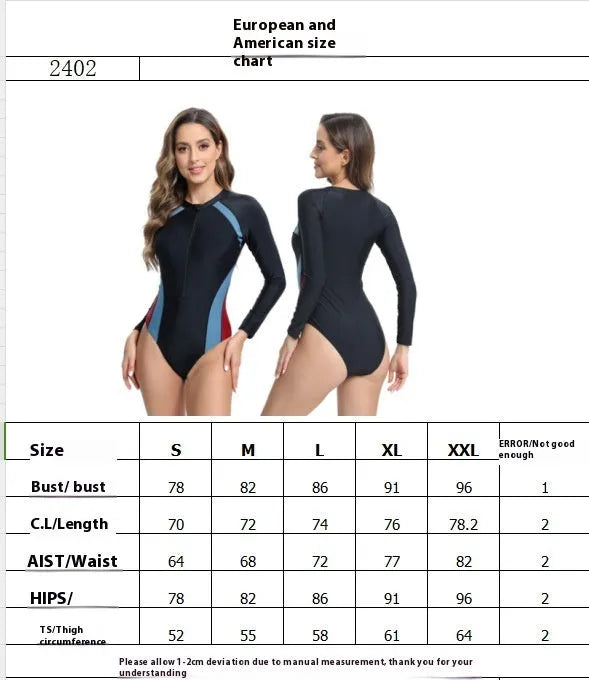Blue and red long sleeve one-piece swimsuit with front zipper for swimming training