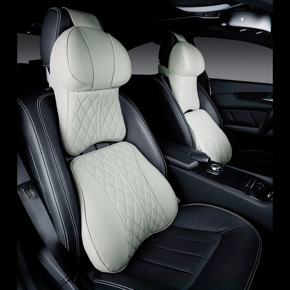 Car neck pillow and lumbar support pillow set with embroidered wavy pattern in beige colour