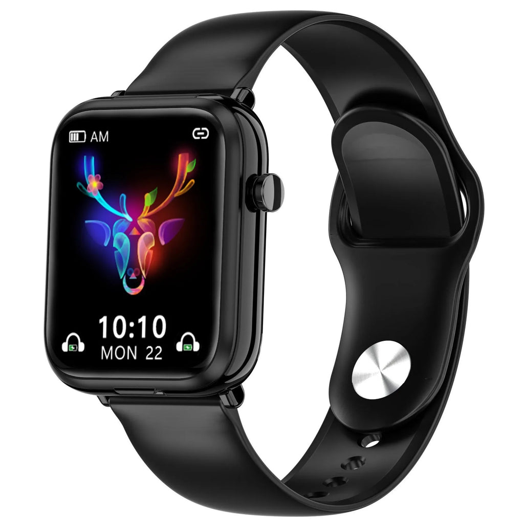 Black zinc alloy Bluetooth headset smart watch with full touch screen on wrist.