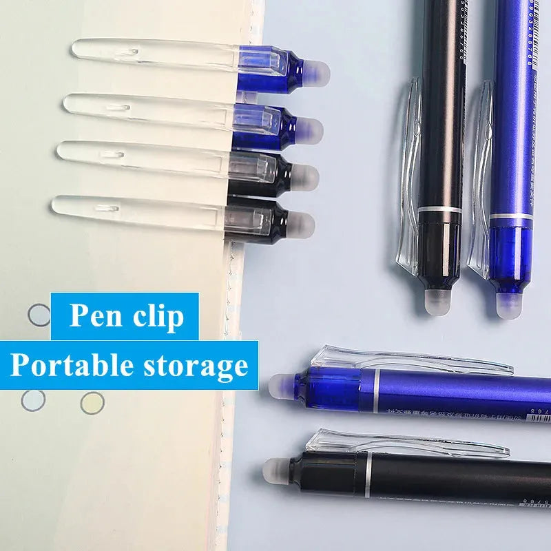 Hot Erasable Push Gel Pen with 0.5mm tip, black or blue ink, retractable design.