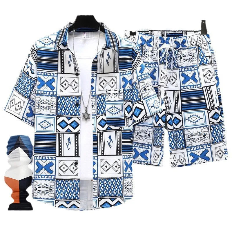Men's casual sports shorts set in blue, showing short sleeve top and matching polyester shorts.