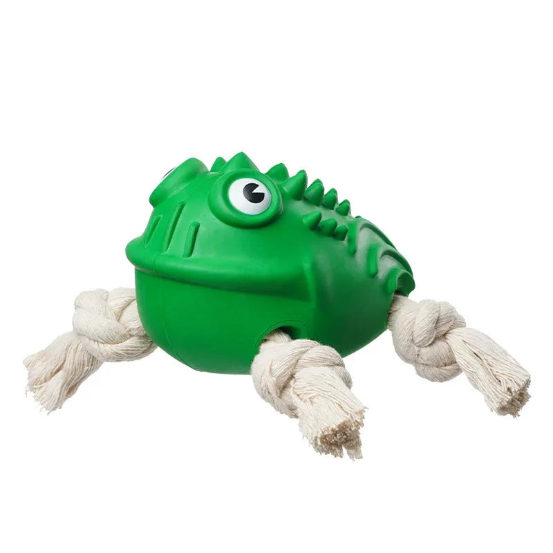 Green rubber cotton rope toad dog toy for aggressive chewers with squeaker and teeth-cleaning texture