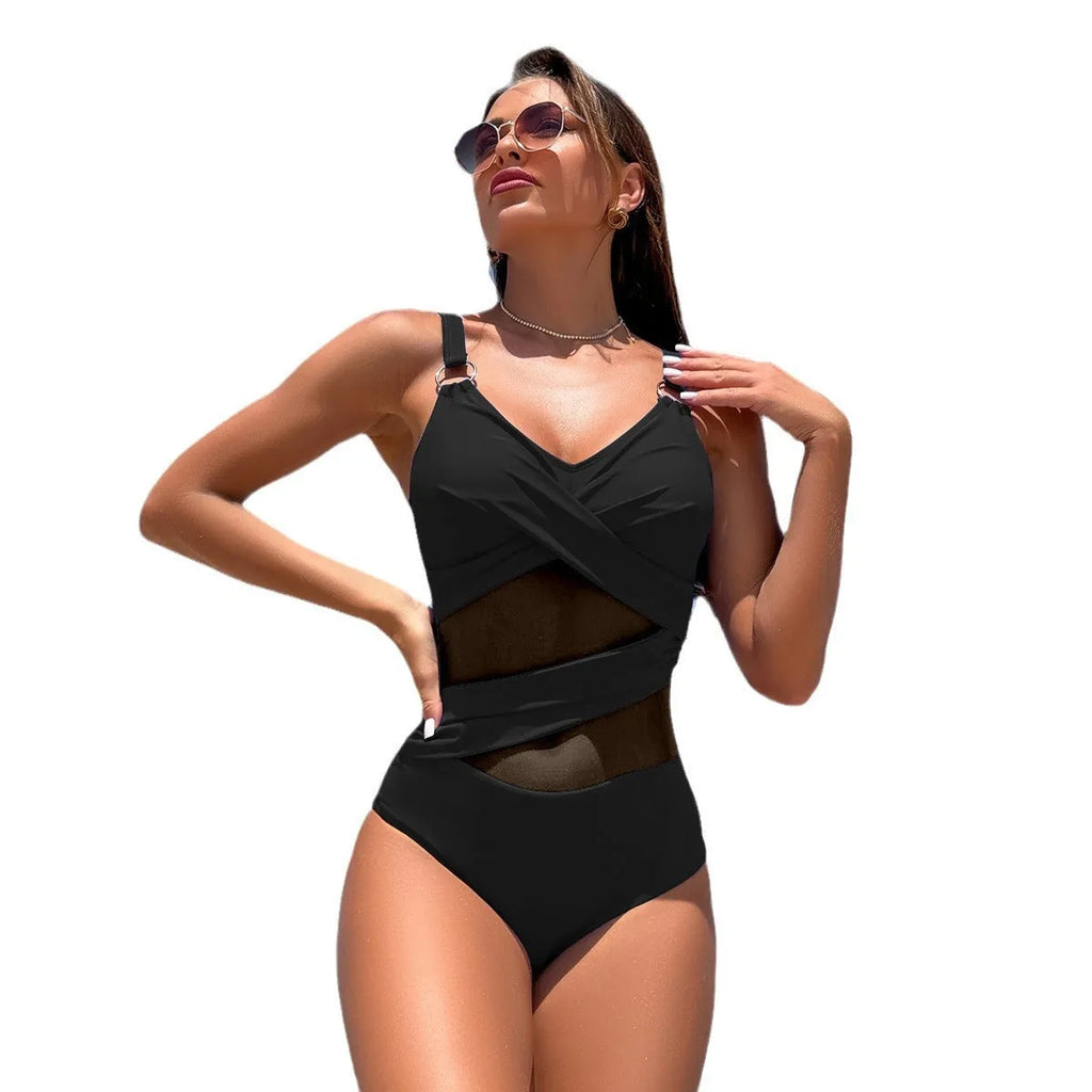 Women's solid colour one-piece swimsuit in quick-dry sports fabric