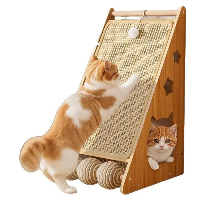 Vertical cat scratch board with hemp rope elements mounted to wall