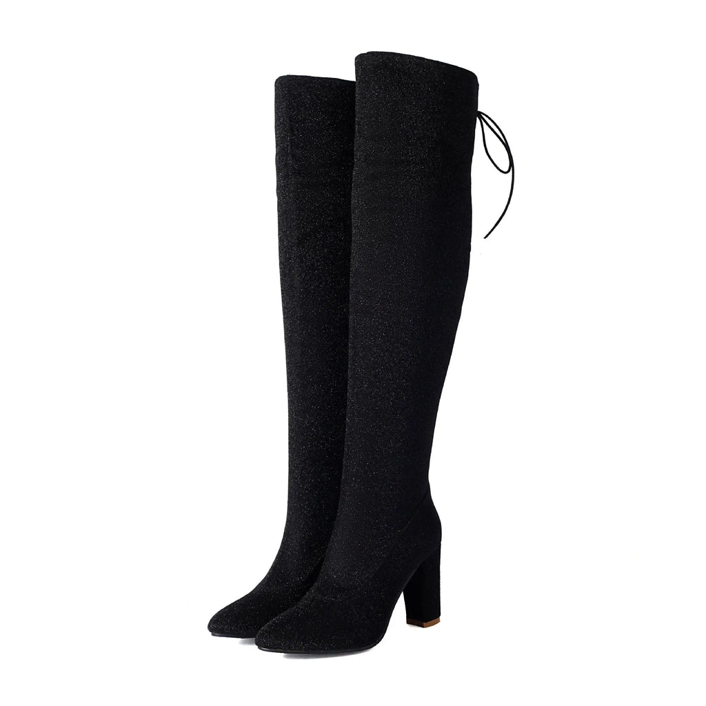 Over-the-knee suede leather boots with high heel 6-8cm and side zipper, available in black, red, silver for women