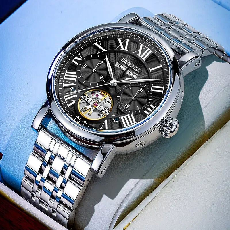 Men's automatic waterproof watch with stainless steel bracelet in business styling
