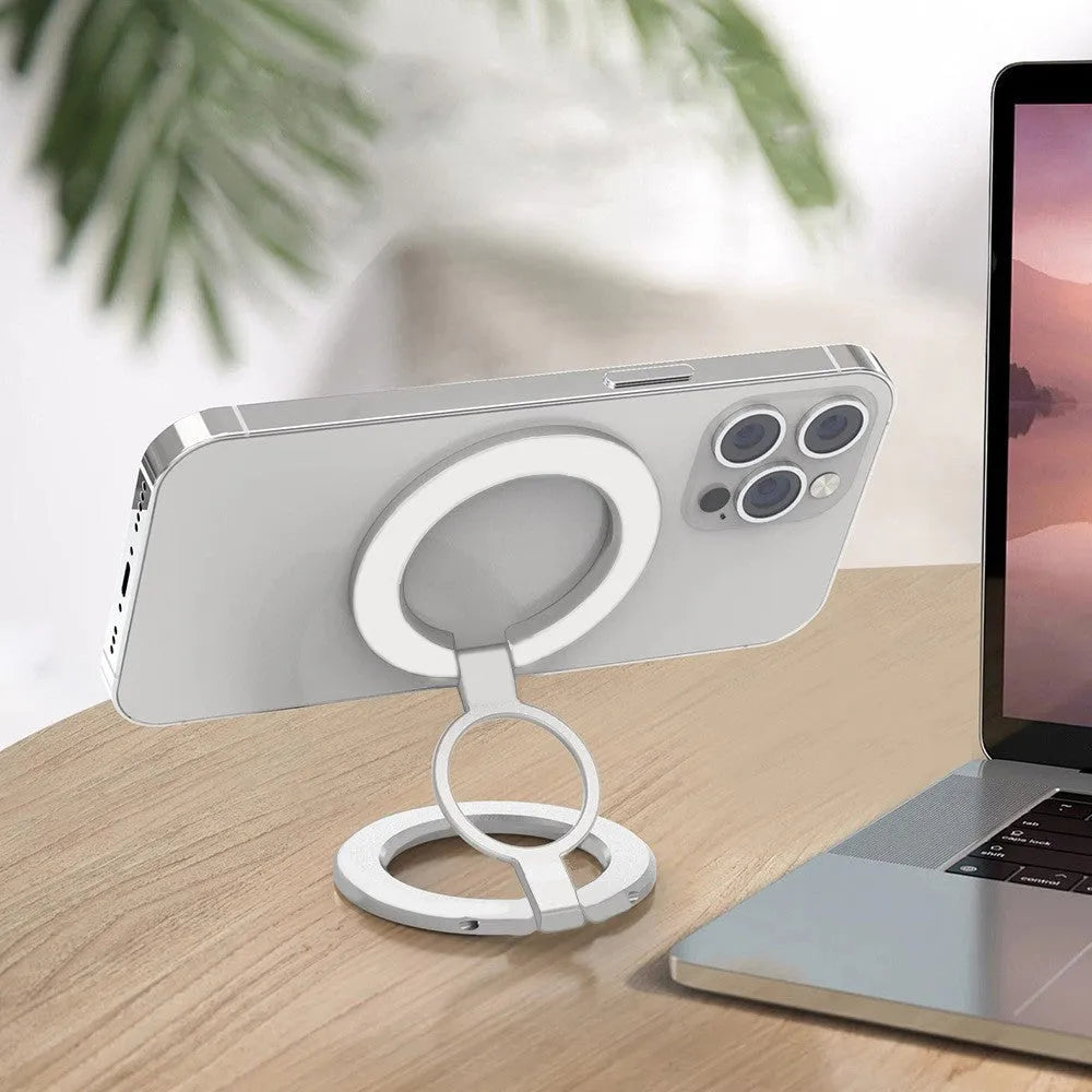 Double-sided metal magnetic ring bracket in black and silver alloy for universal phone mounting