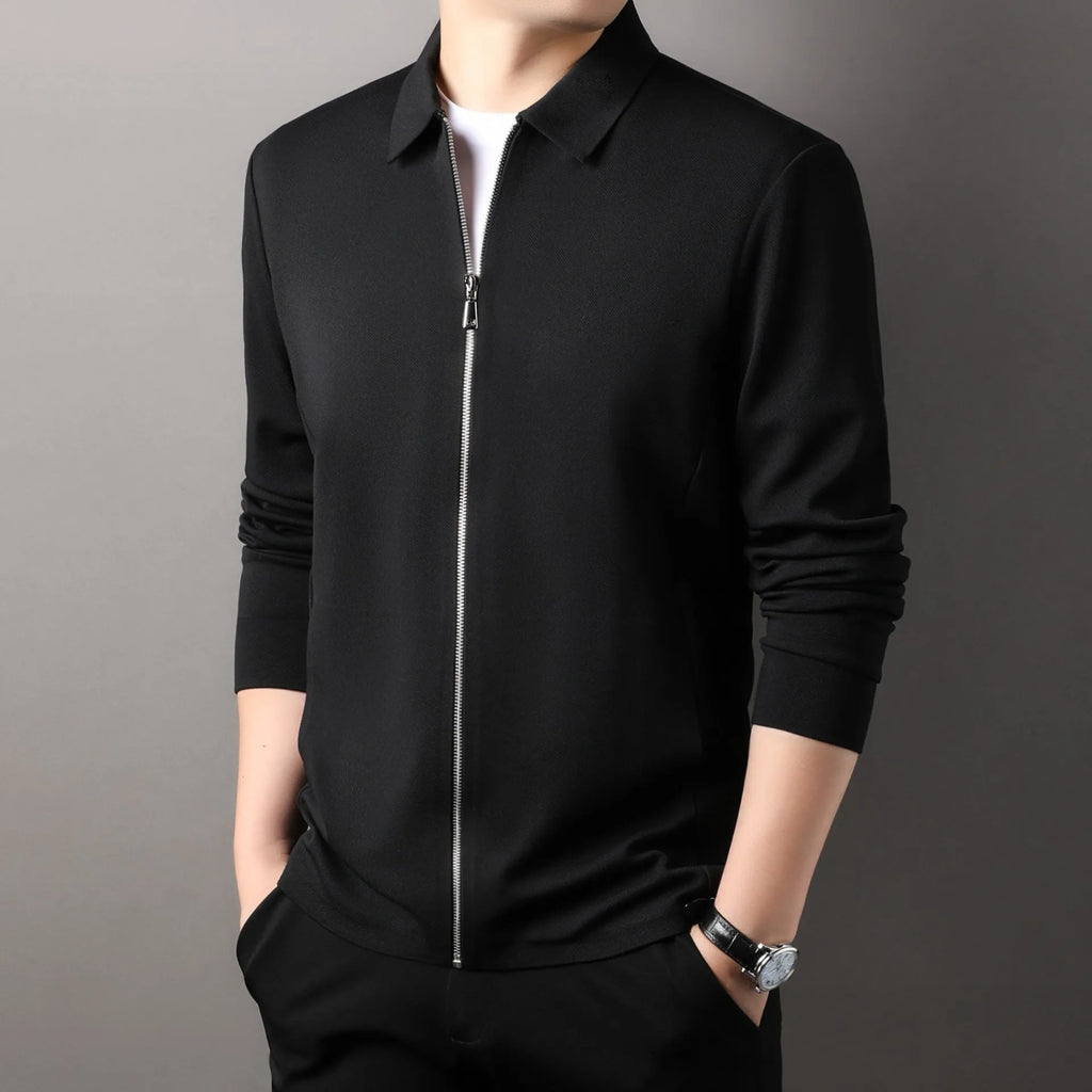 Men's polyester casual business jacket in black, dark gray, or apricot with regular long sleeves and straight hem