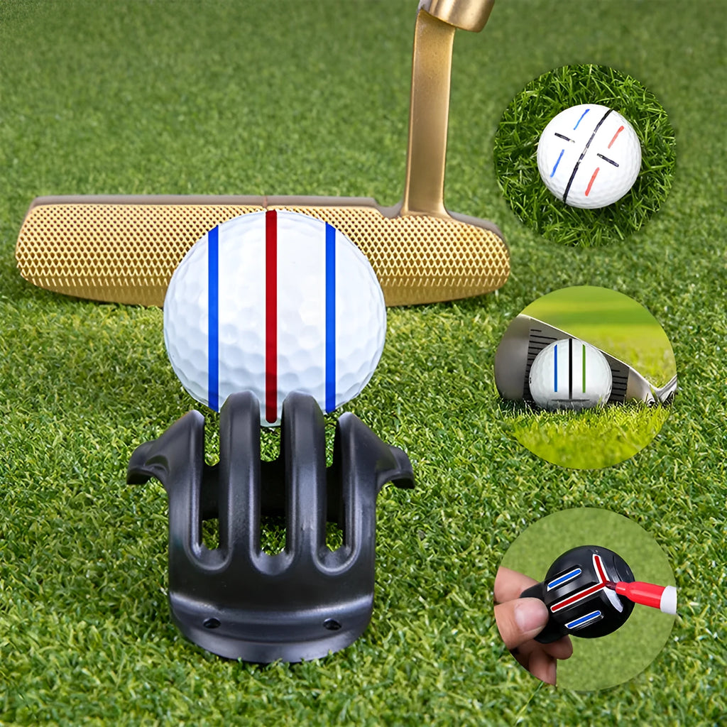 Golf ball alignment tool with four scriber pins and a drawing pen on a green.