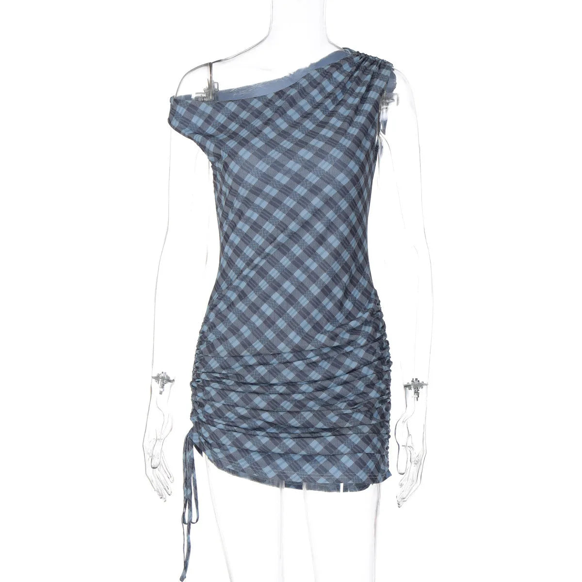 Blue off-shoulder sleeveless polyester dress for women, sizes S M L, party and casual wear