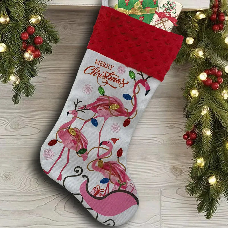 Flamingo cloth Christmas stocking pendant, 46 by 28 cm, in American holiday style.
