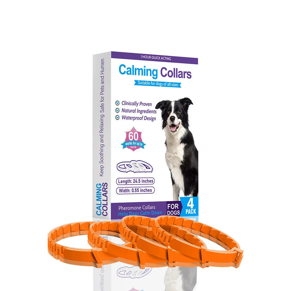 Set of four monochrome TPR dog calming collars in six colour options, each measuring 62 cm.