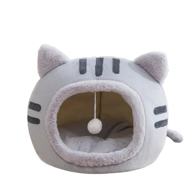 Semi-enclosed cat litter bed in crystal velvet and PP cotton, available in pink, grey, and coffee, sizes S M L