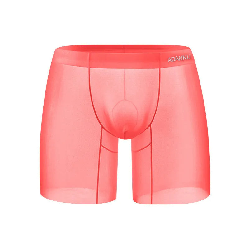 Men's low waist ice silk boxers in solid orange, pink, or red colour on a size chart.