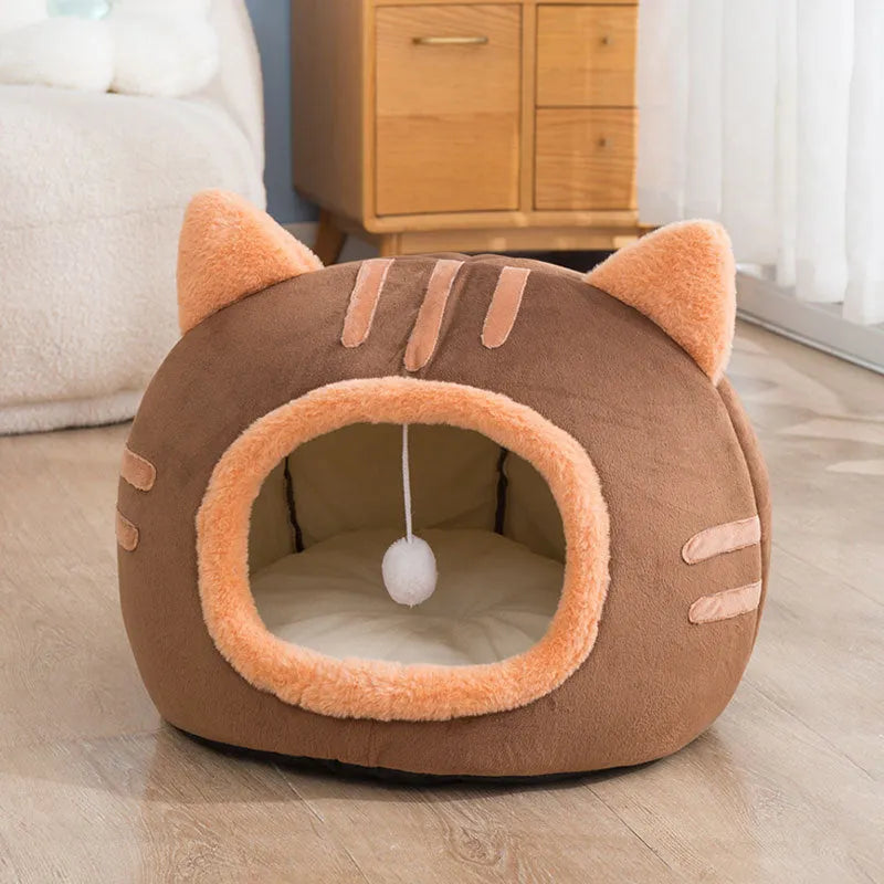 Semi-enclosed cat litter bed in crystal velvet and PP cotton, available in pink, grey, and coffee, sizes S M L