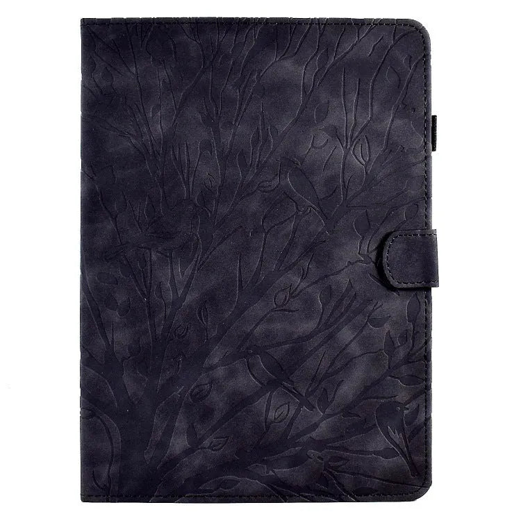 Imitation leather protective case with stand for a tablet, shown in black.