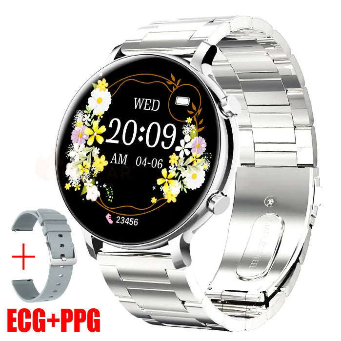 Black Bluetooth smartwatch with stainless steel strap showing call screen and heart rate monitor